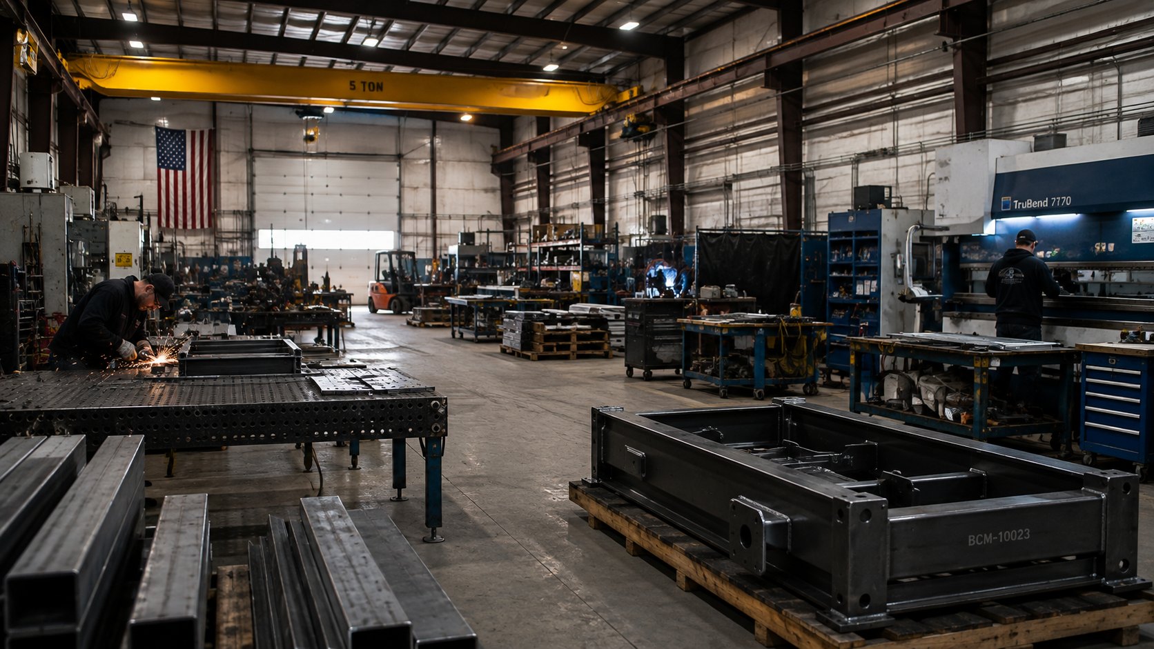 Bow Creek Metal shop floor with weldments in progress, press brake, and fabrication crew at work