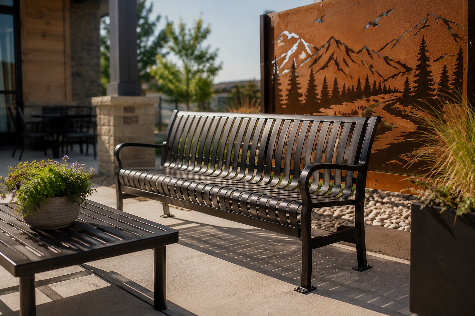 Powder coated steel bench and table beside a custom laser cut mountain scene panel