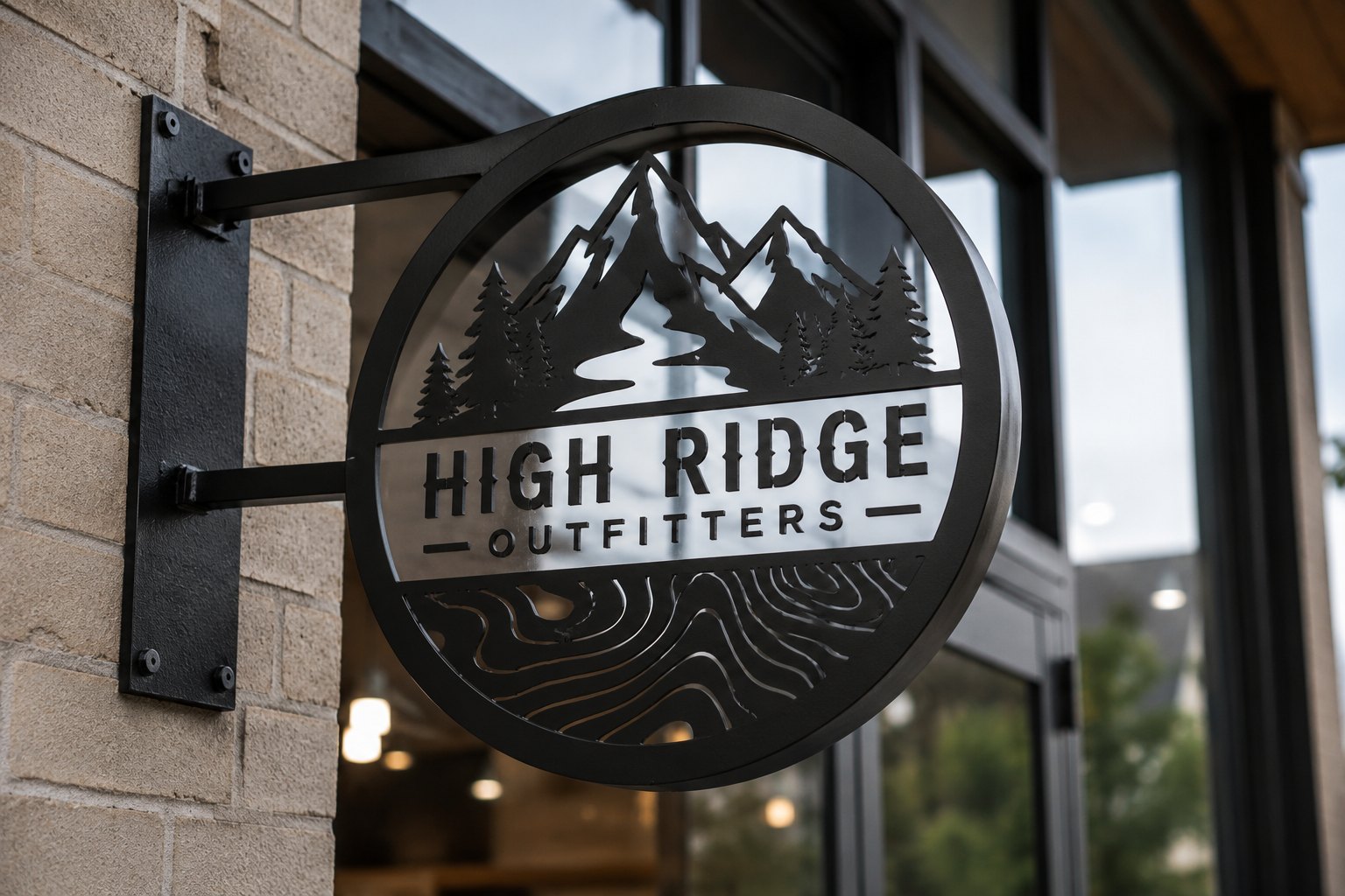 Custom laser cut metal blade sign for High Ridge Outfitters mounted on a brick storefront