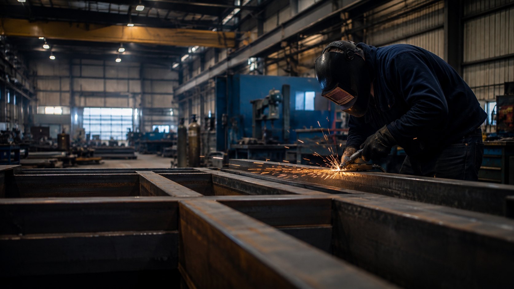 Welder fabricating a heavy steel frame on the Bow Creek Metal shop floor