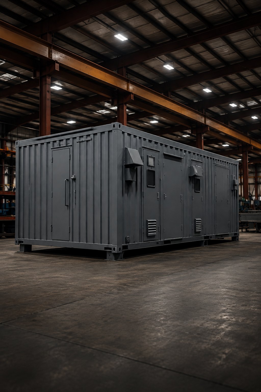 Powder coated modular equipment shelter fabricated on the Bow Creek Metal shop floor
