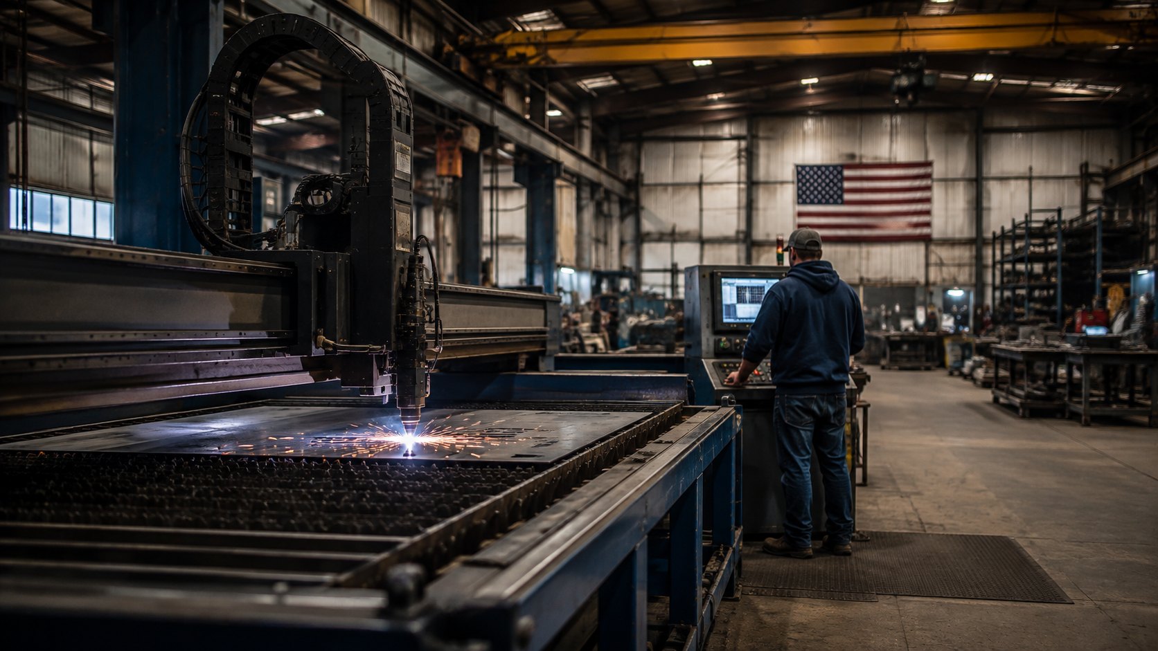 CNC cutting table running a plate steel program on the Bow Creek Metal shop floor